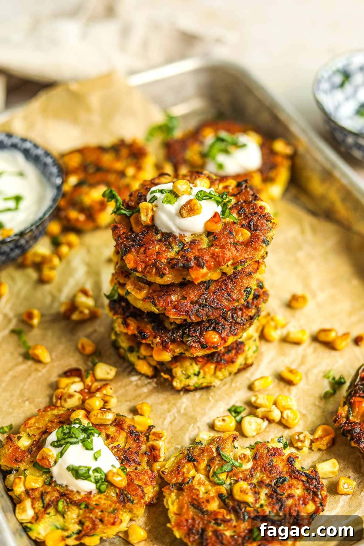 20 Tasty Sides to Serve with Burgers (Healthy Options Included) 6 Healthy corn and zucchini fritter stacked and topped with greek yogurt, roasted corn, and basil.