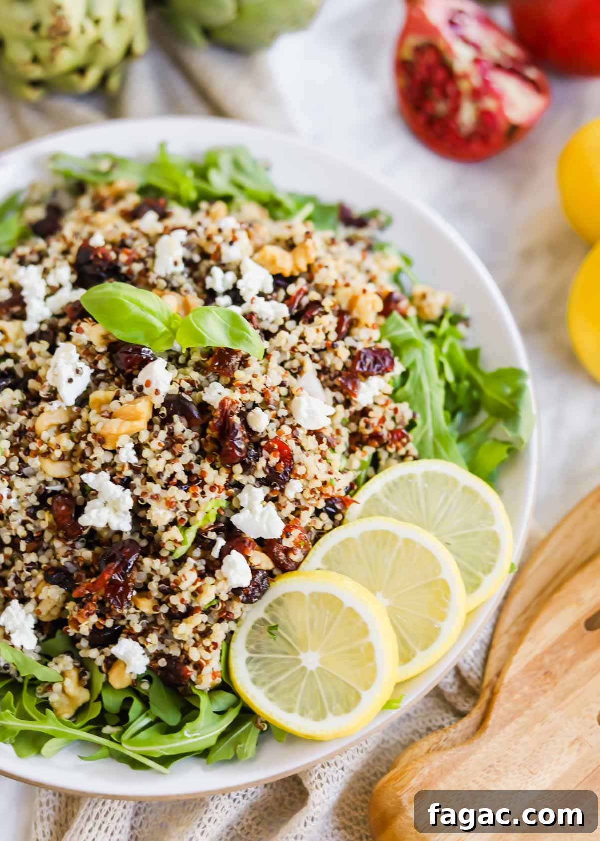20 Tasty Sides to Serve with Burgers (Healthy Options Included) 9 Harvest Salad with Quinoa and Arugula and lemon slices on plate.