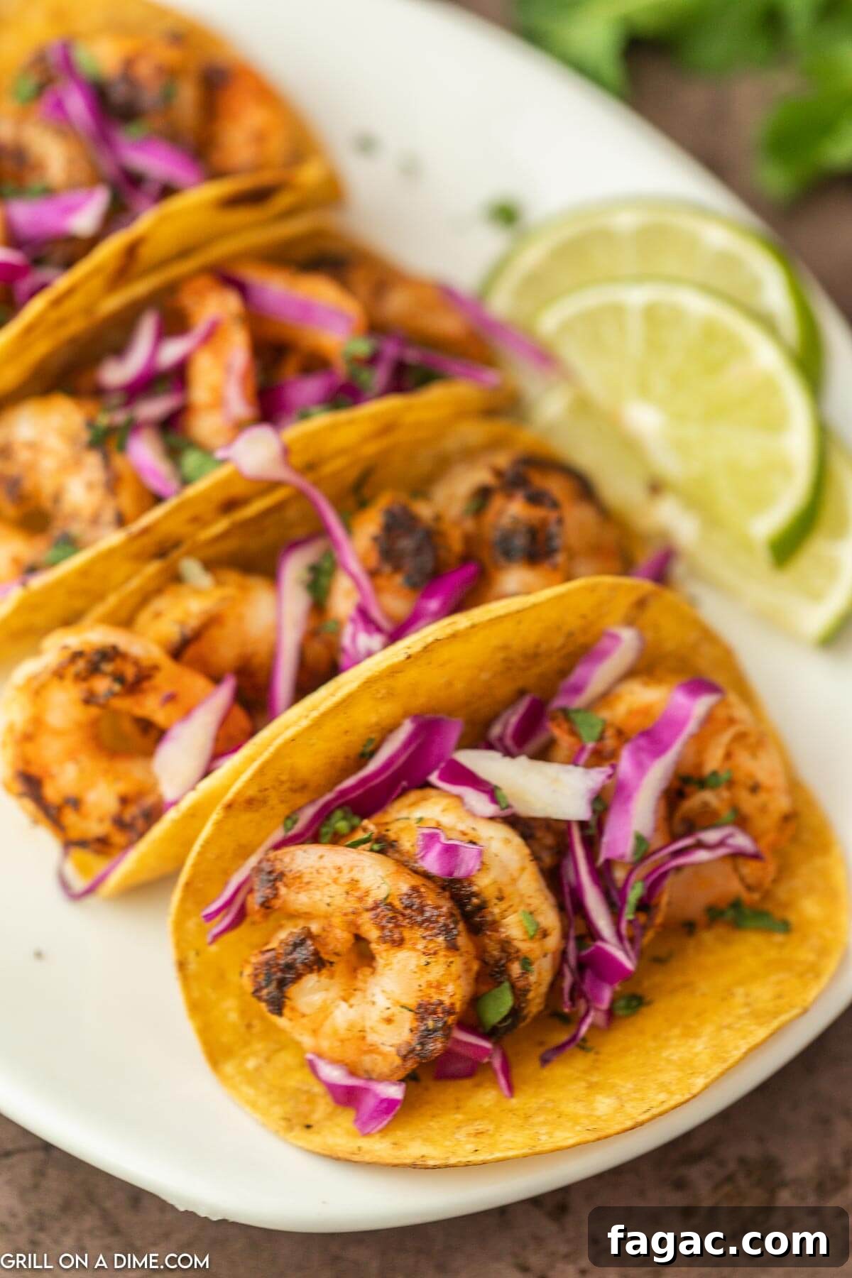 Grilled Shrimp Tacos on a plate topped with cabbage.