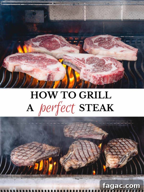 How to Grill a Tender, Flavorful Steak Every Time 8 2-image collage of ribeye steaks on a grill.