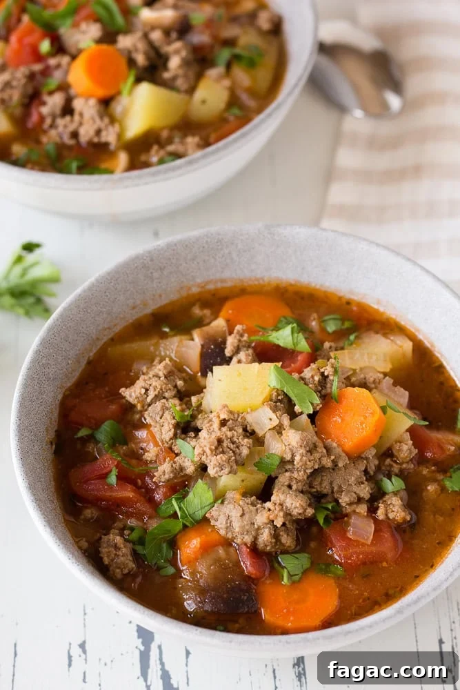 Hamburger soup in a gray bowl garnished with parsley. Another bowl is in the background with a spoon and a tan and white striped napkin.