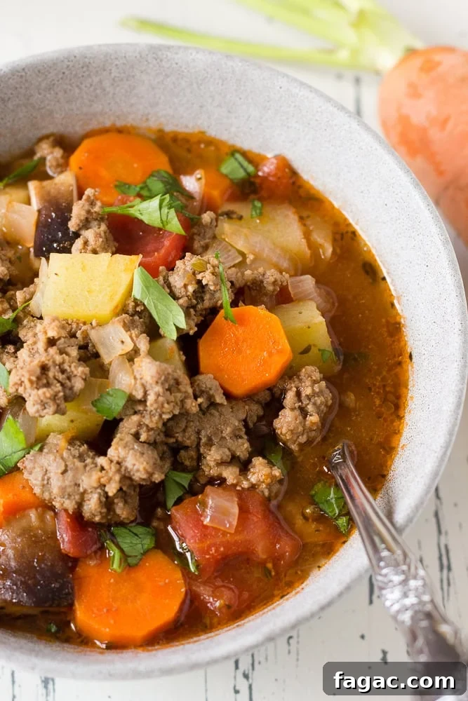 Close up of a grey bowl with ground beef soup in it. A spoon rests in the bowl as well.