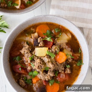 top down shot of bowl of ground beef soup