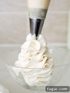 Silky Vanilla Whipped Cream Recipe for Desserts and Toppings 11 A piping tip pipes a swirl of whipped cream with vanilla bean speckles.