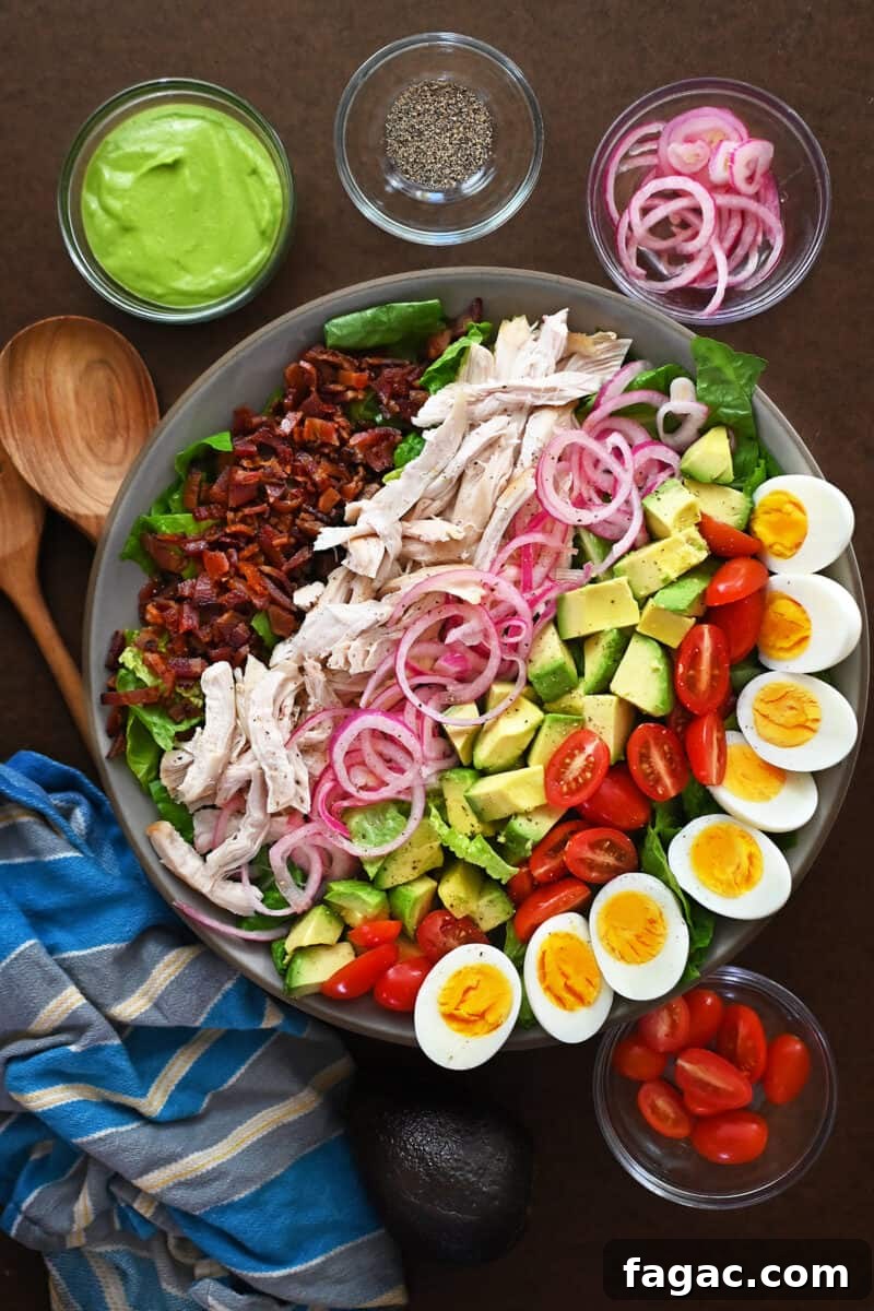An overhead shot of a paleo and Whole30 Green Goddess Cobb Salad Panera copycat.