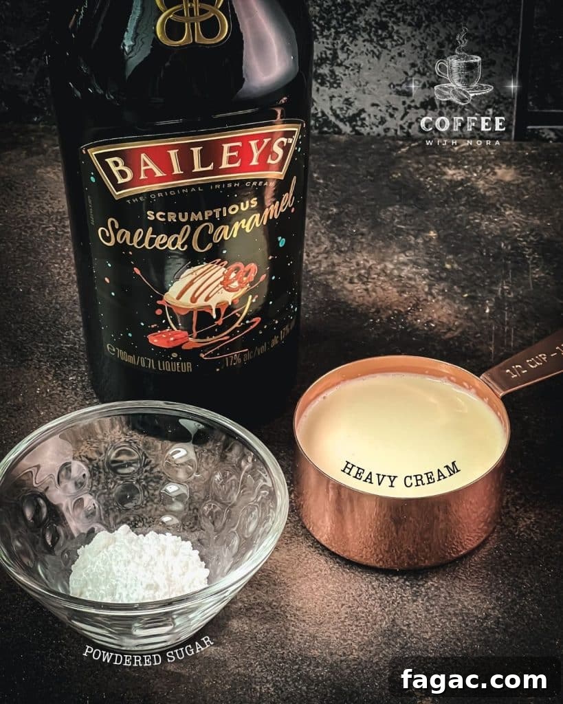 Only three ingredients are required for making Baileys flavored whipped cream. Powdered, sugar, heavy cream, Baileys (Salted Caramel).
