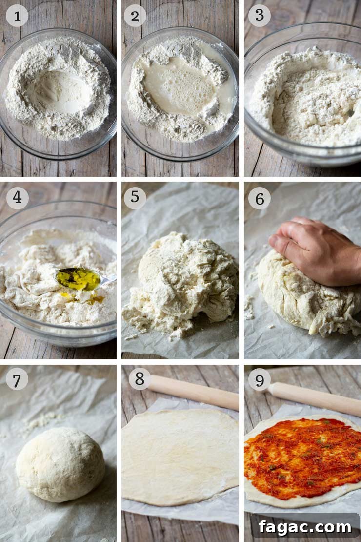 Step by step photos showing how to make yeast free pizza dough