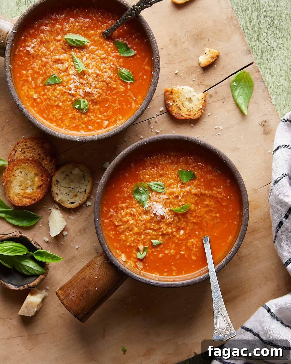 Creamy Tomato Basil Soup Made with Canned Tomatoes 2 Overhead image of creamy tomato basil soup in two soup bowls with garnish.