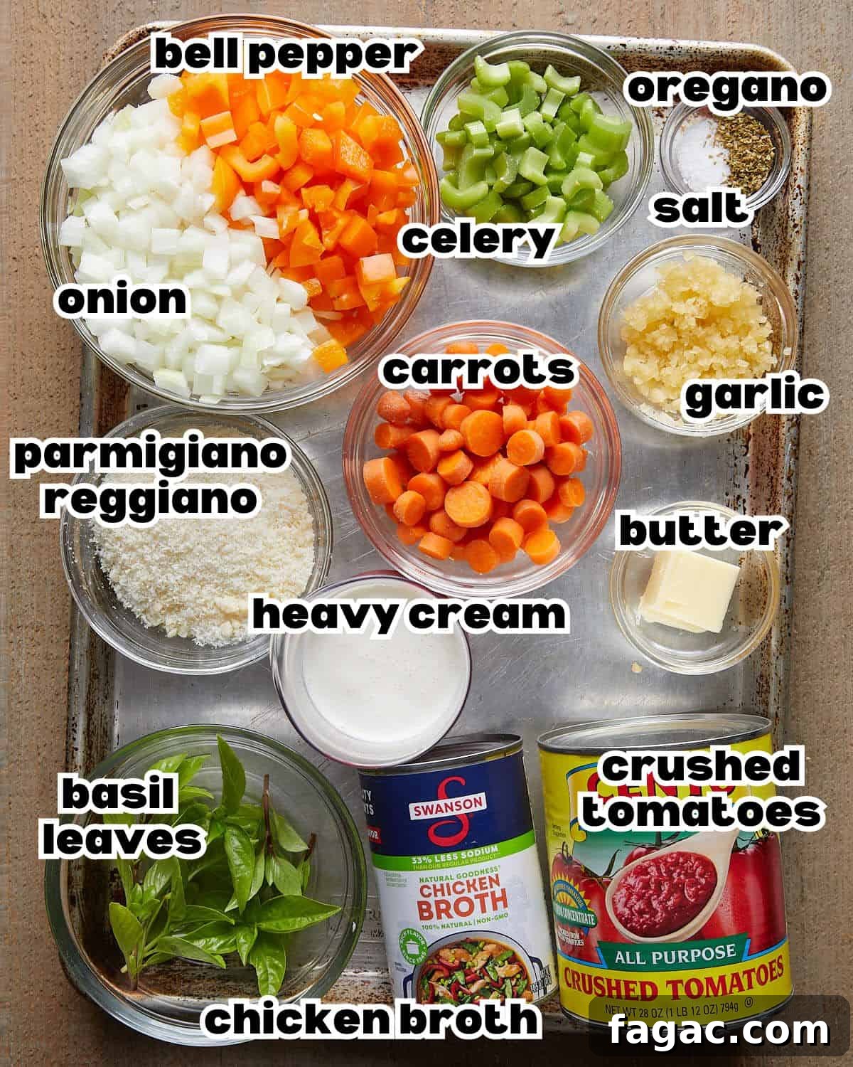 Creamy Tomato Basil Soup Made with Canned Tomatoes 3 Overhead image of ingredients needed to make creamy tomato basil soup.