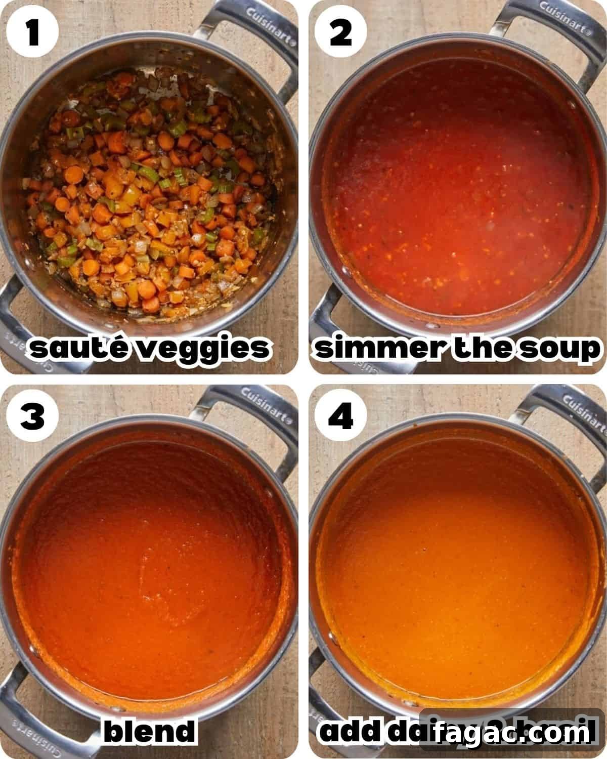 Creamy Tomato Basil Soup Made with Canned Tomatoes 4 A four photo collage showing steps for creamy tomato basil soup.