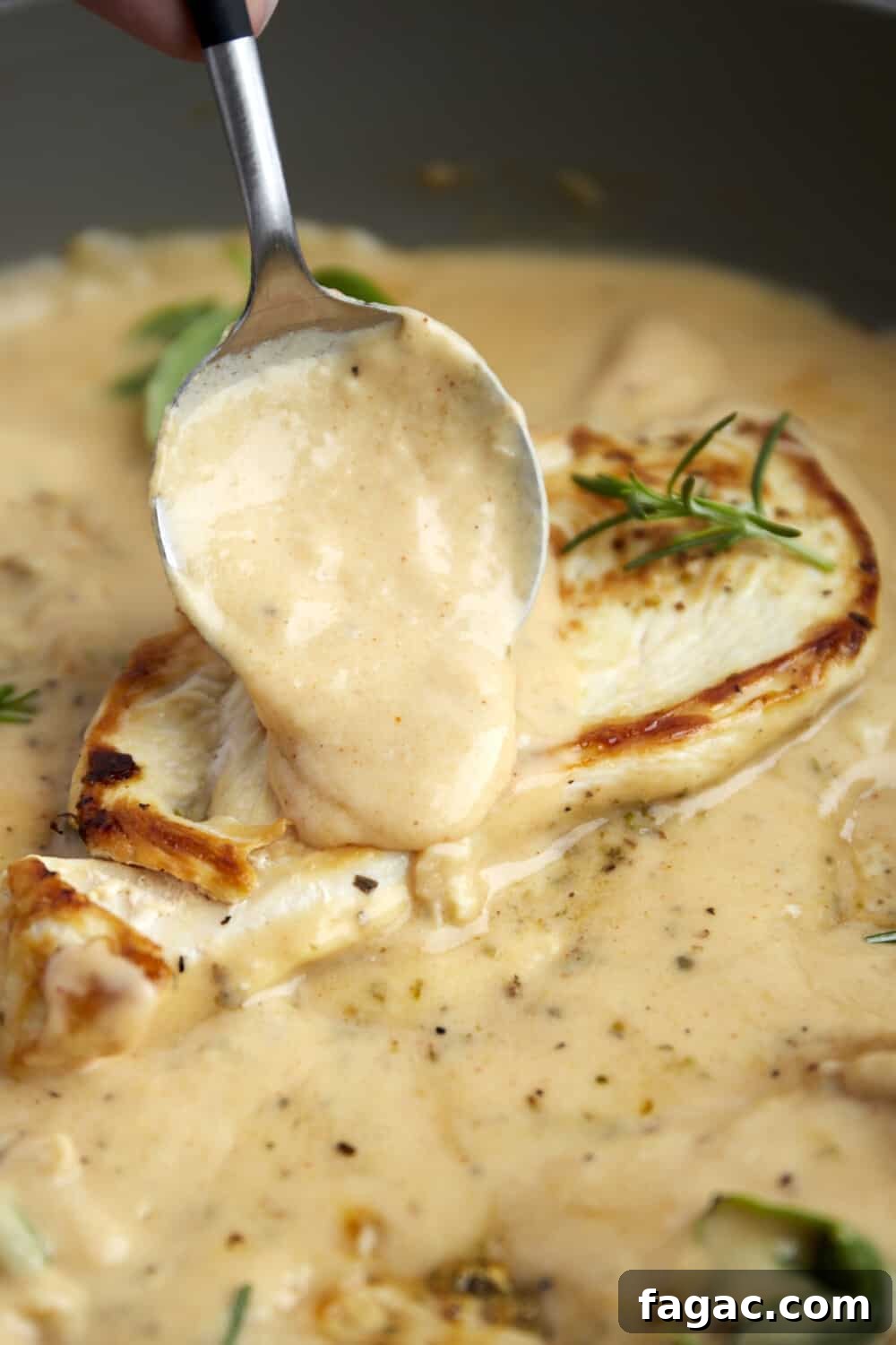 Creamy Parmesan Chicken Recipe – Tender Garlic Butter Chicken 5 creamy parmesan sauce being spooned over a cooked chicken breast in a skillet