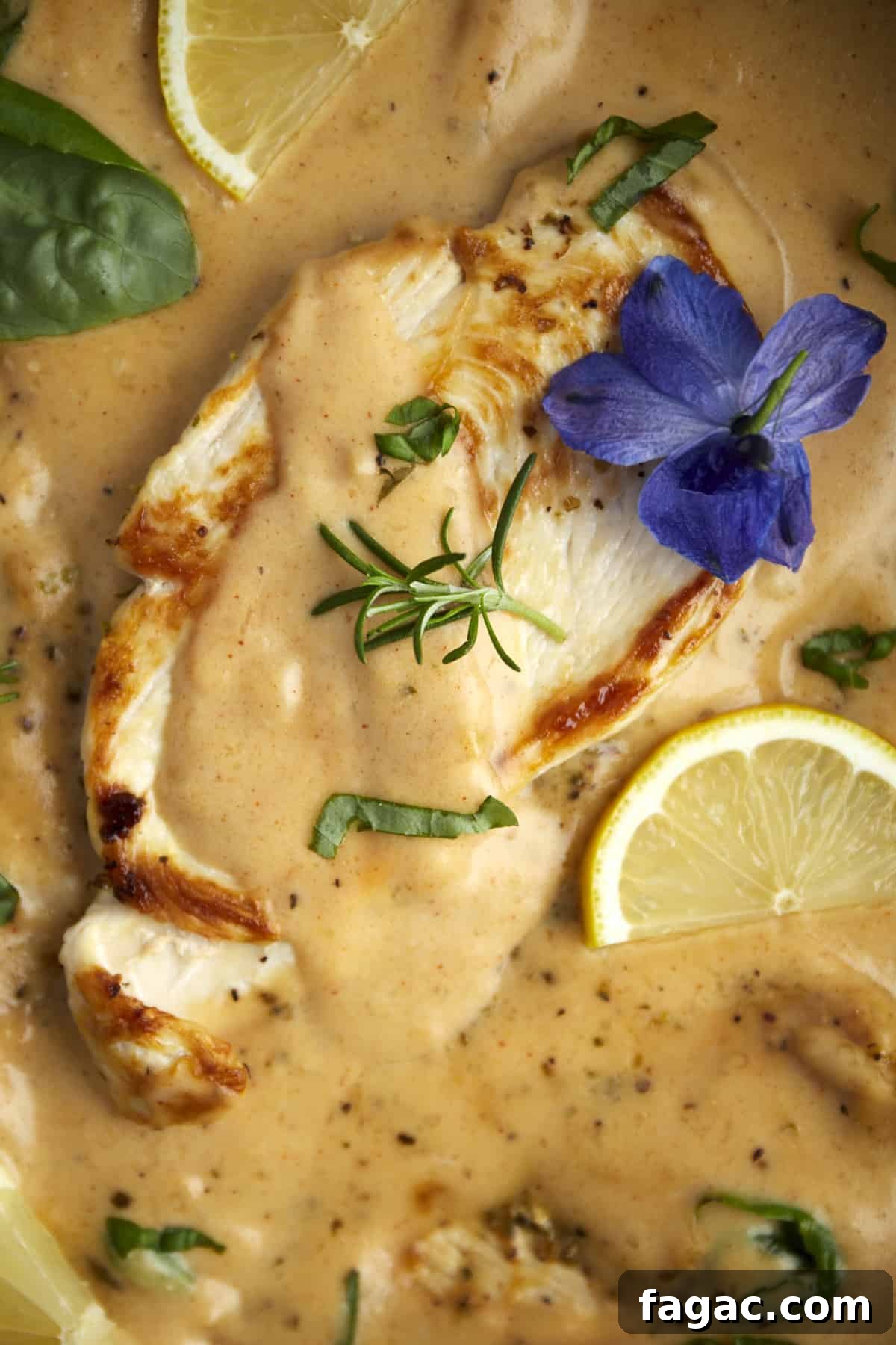 overhead image of creamy parmesan chicken in a skillet