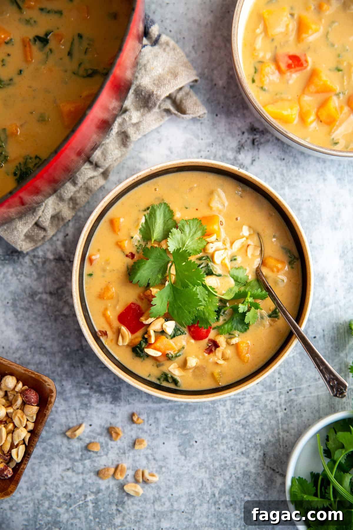 a delicious bowl of cozy soup on a countertop.