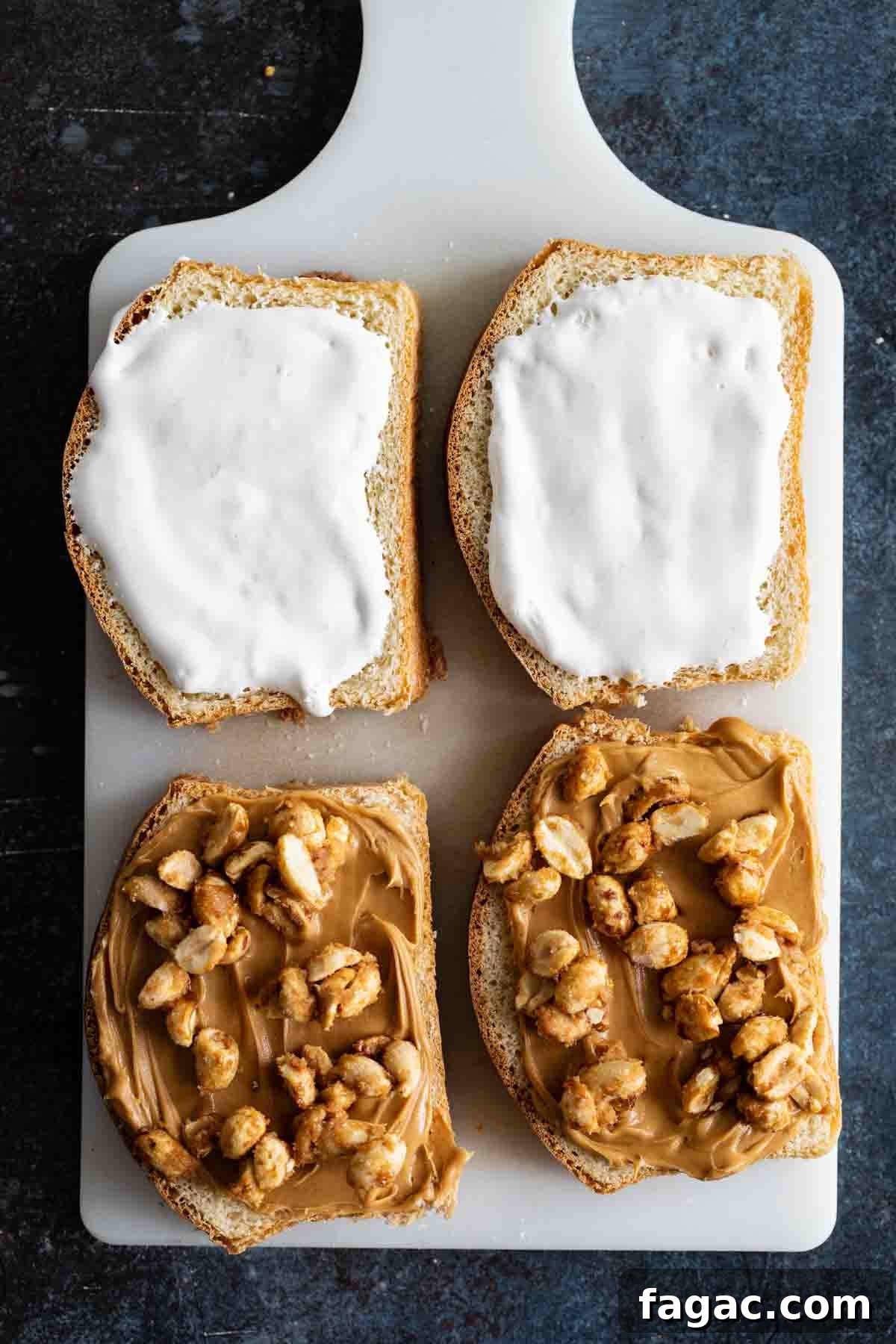 A version of a New England classic, this Fluffernutter Panini has melted marshmallow creme, peanut butter and candied peanuts all toasted on cinnamon sugar crusted bread. Assembling a fluffernutter sandwich.