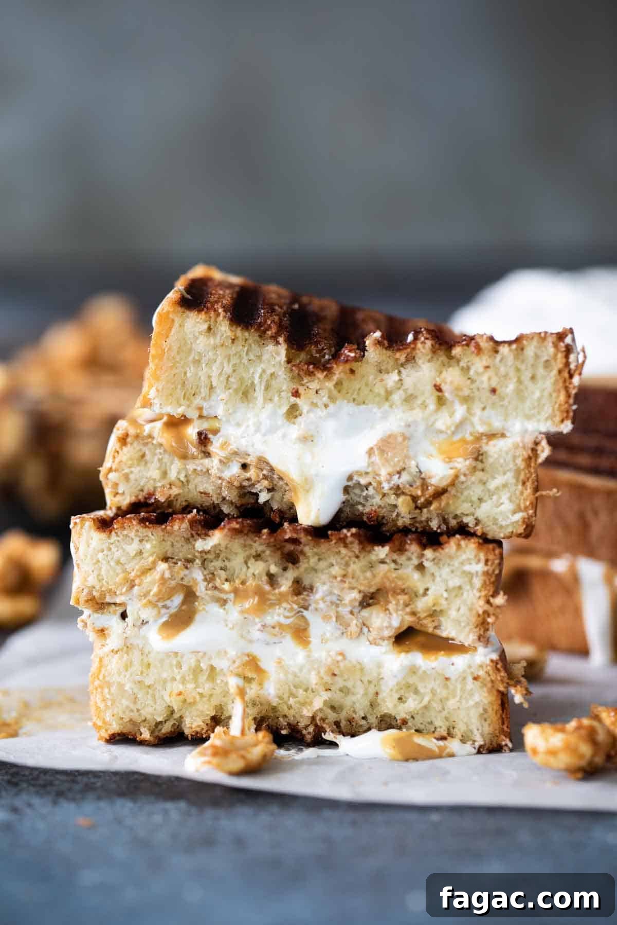 A version of a New England classic, this Fluffernutter Panini has melted marshmallow creme, peanut butter and candied peanuts all toasted on cinnamon sugar crusted bread. Fluffernutter sandwich cut in half and stacked.