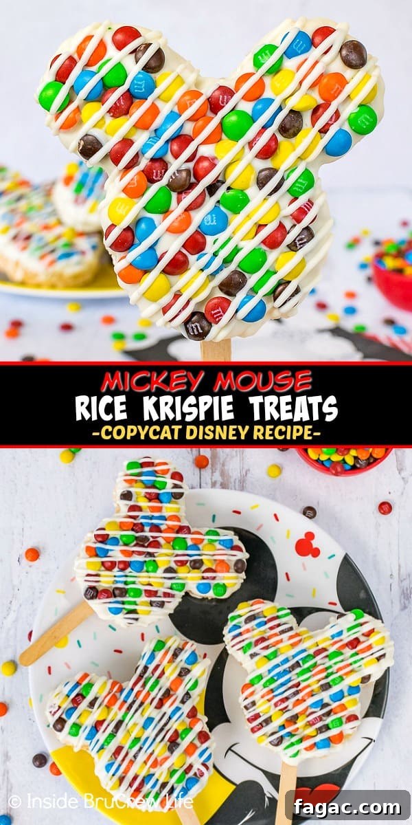 M&M's Mickey Mouse Rice Krispie Treats - chocolate and mini candies makes these rice krispie treats look just like the Mickey snacks at the Disney parks. Two pictures of M&M's Mickey Mouse Rice Krispie Treats collaged together with a black text box