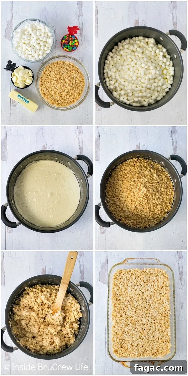 M&M's Mickey Mouse Rice Krispie Treats - you only need a few ingredients and a Mickey Mouse cookie cutter to make this easy Disney copycat recipe. A collage of 6 photos showing the stages of making rice krispie treats