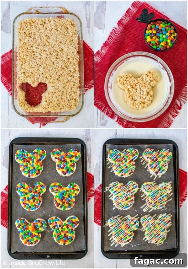 M&M's Mickey Mouse Rice Krispie Treats - chocolate and M&M's makes these rice krispie treats look and taste just like the Mickey treats in the Disney parks. A collage of four photos showing how to cut Mickey Mouse rice krispie treats and decorate them with chocolate and candies