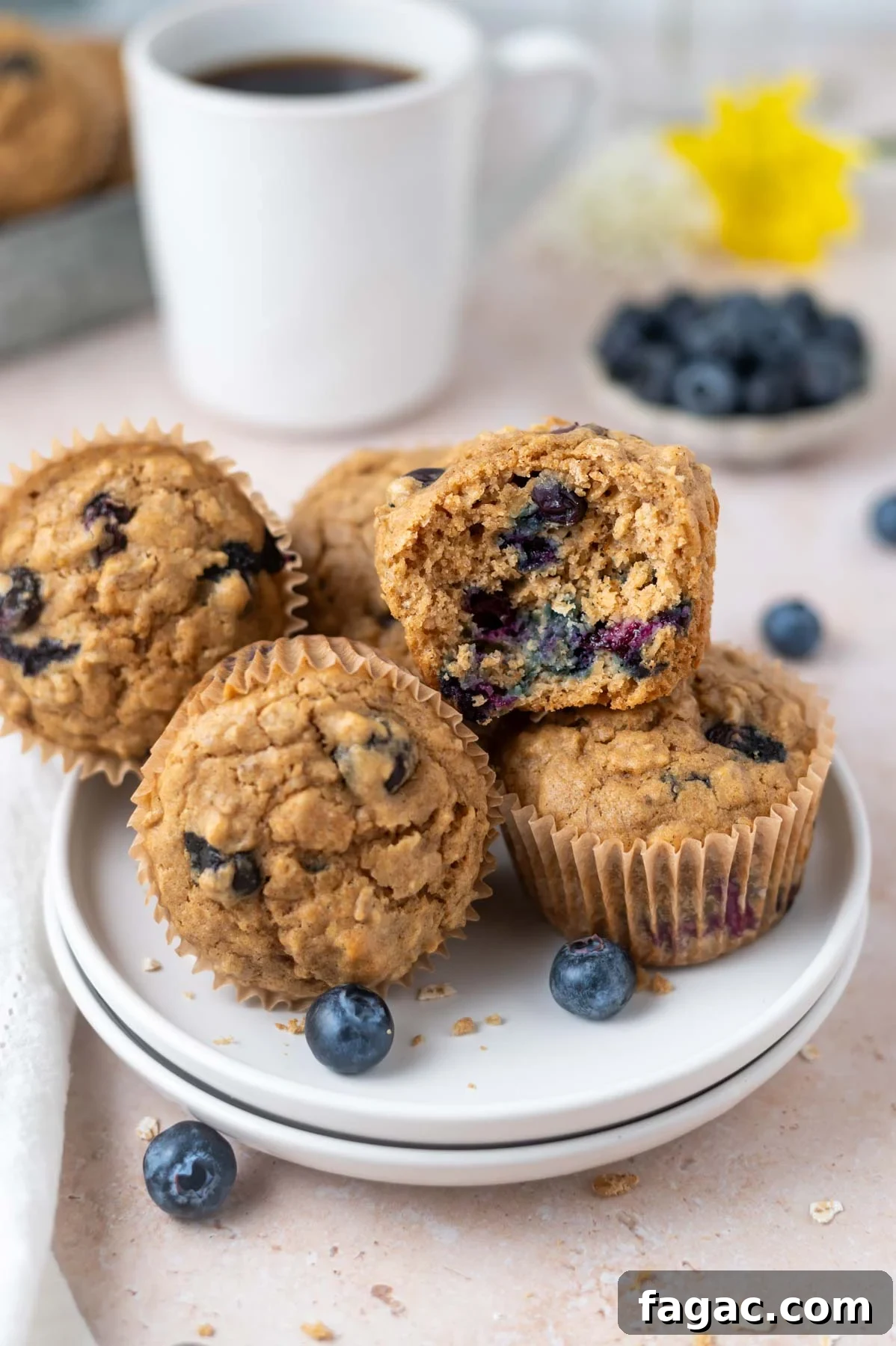blueberry oat muffins on a plate with fresh blueberries and one muffin broken open to show soft interior with a cup of coffee in the background
