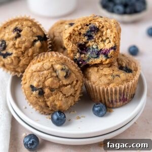 blueberry oat muffins on a plate with fresh blueberries and one muffin broken open to show soft interior