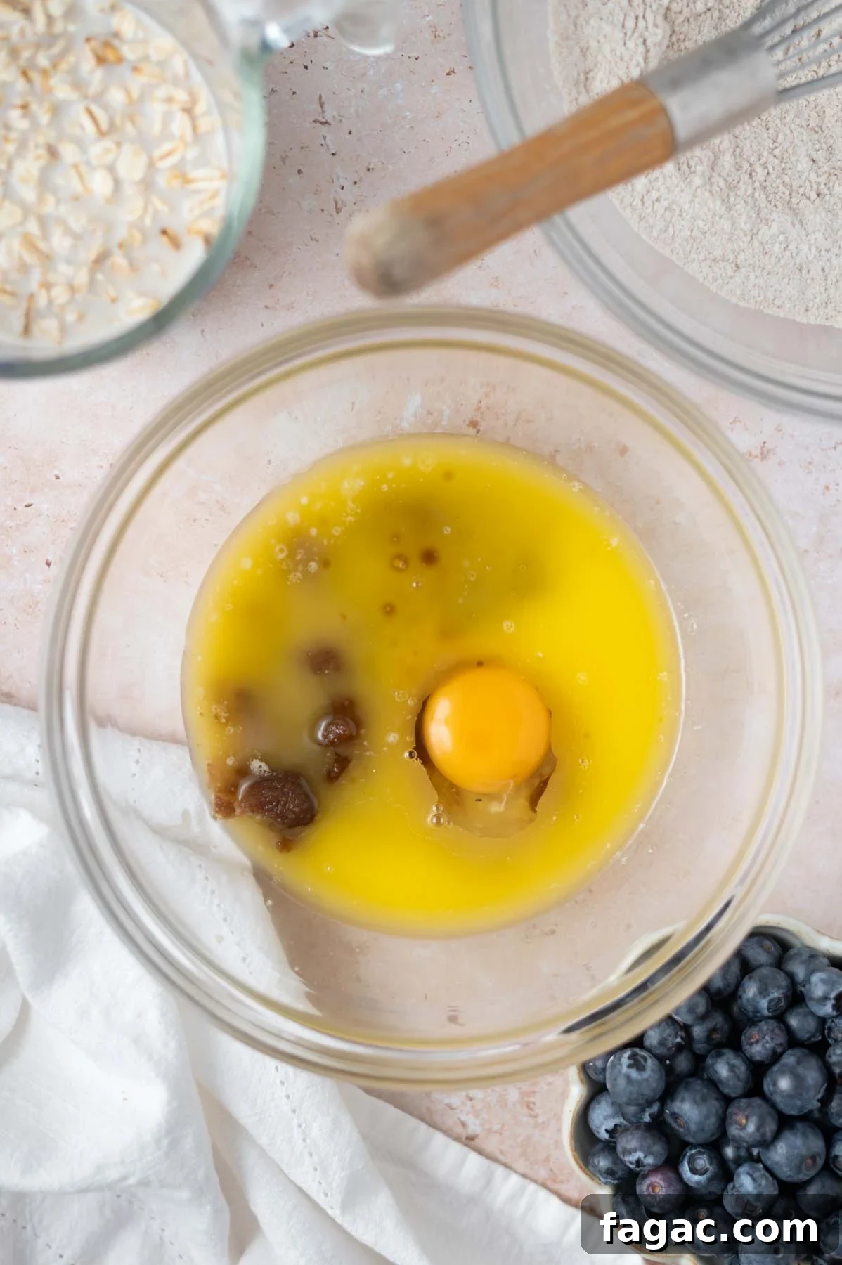 egg, brown sugar, melted butter and vanilla in a mixing bowl