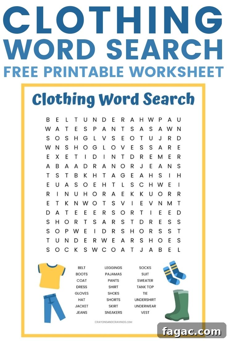A free clothing word search printable with 24 words for different types of clothes to find such as shirt, dress, shoes, jacket, and shoes.