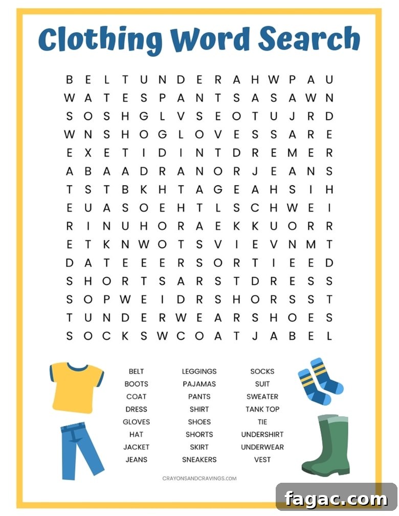 A free clothing word search printable with 24 words for different types of clothes to find such as shirt, dress, shoes, jacket, and shoes.