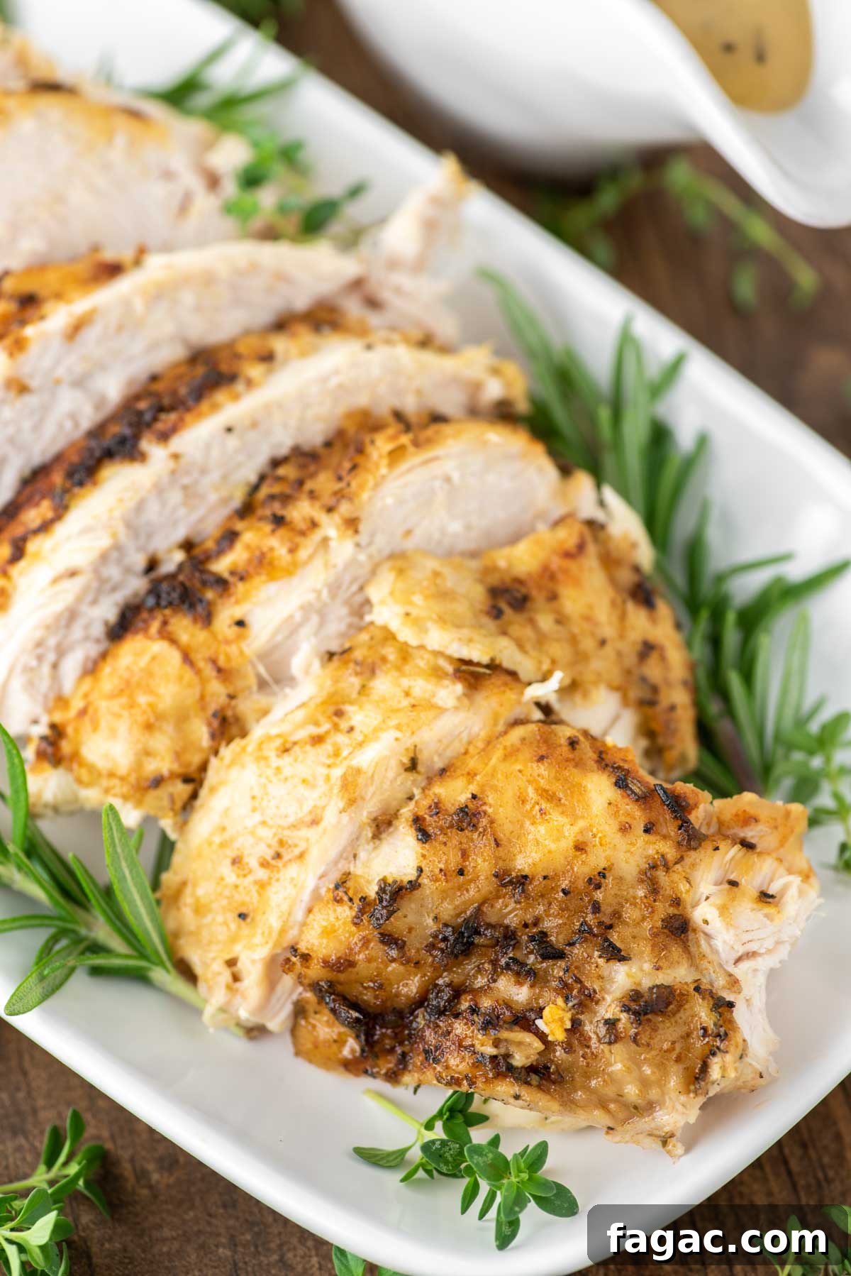 Juicy Instant Pot Turkey Breast Recipe for Quick Weeknight Dinners 3 sliced turkey on white plate