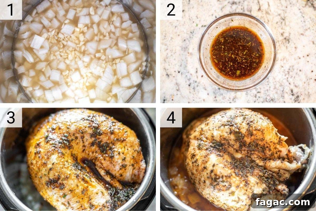 Juicy Instant Pot Turkey Breast Recipe for Quick Weeknight Dinners 4 process shots of how to make turkey in Instant Pot