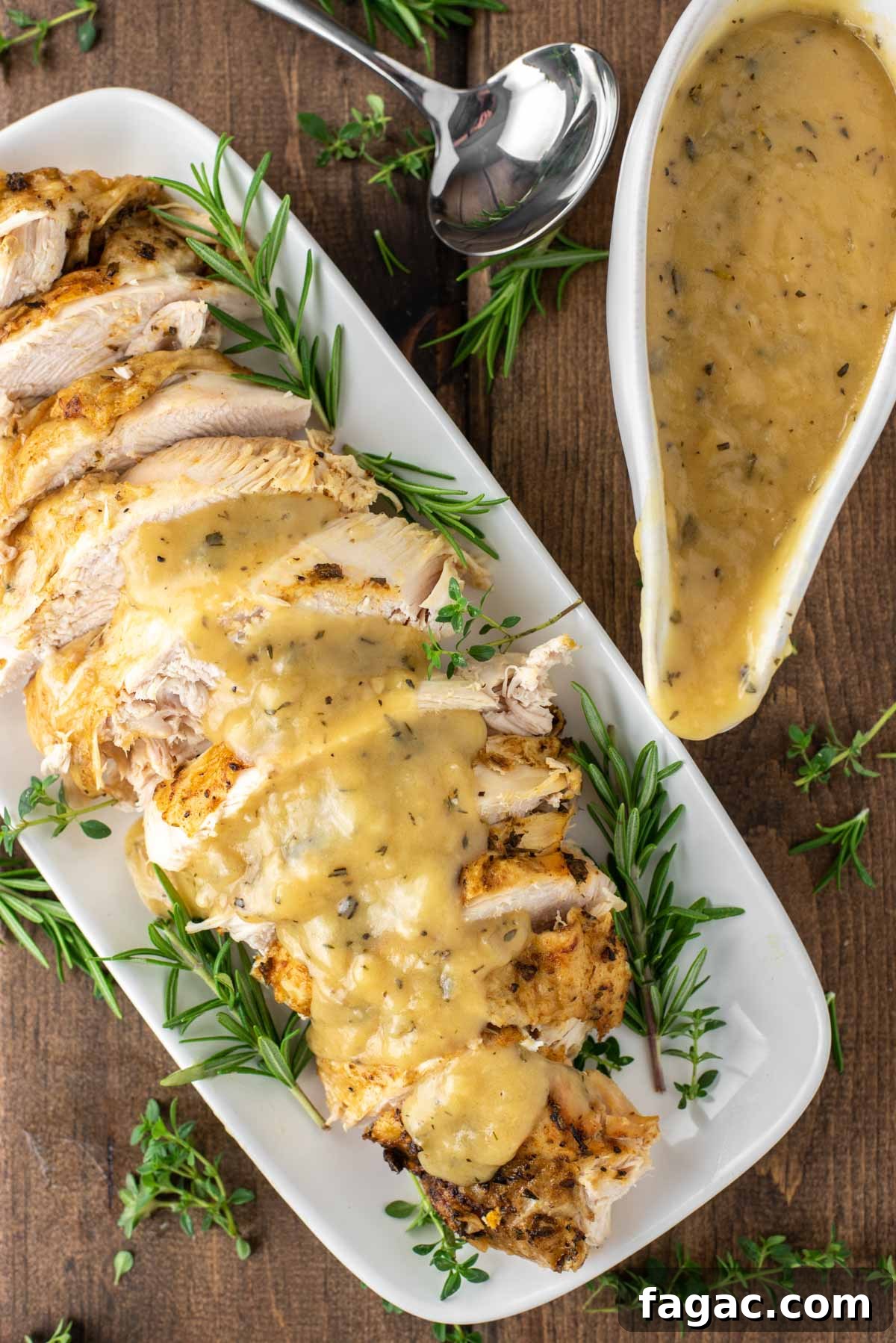 Juicy Instant Pot Turkey Breast Recipe for Quick Weeknight Dinners 5 overhead shot of sliced turkey made with instant pot on white plate with gravy