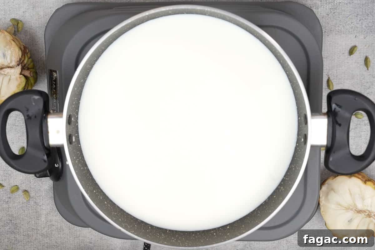 Milk heating in a pan.