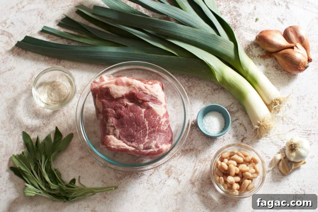 Braised Pork with White Beans, Wine & Fresh Sage 3 Pork shoulder in a glass bowl surrounded by shallots, garlic, sage, and small bowls with white beans, white wine and salt.