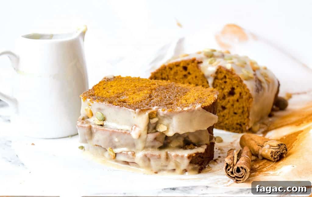 Maple Brown Butter Glazed Pumpkin Bread with Sour Cream 6 stack of pumpkin bread next to the loaf, with cinnamon sticks