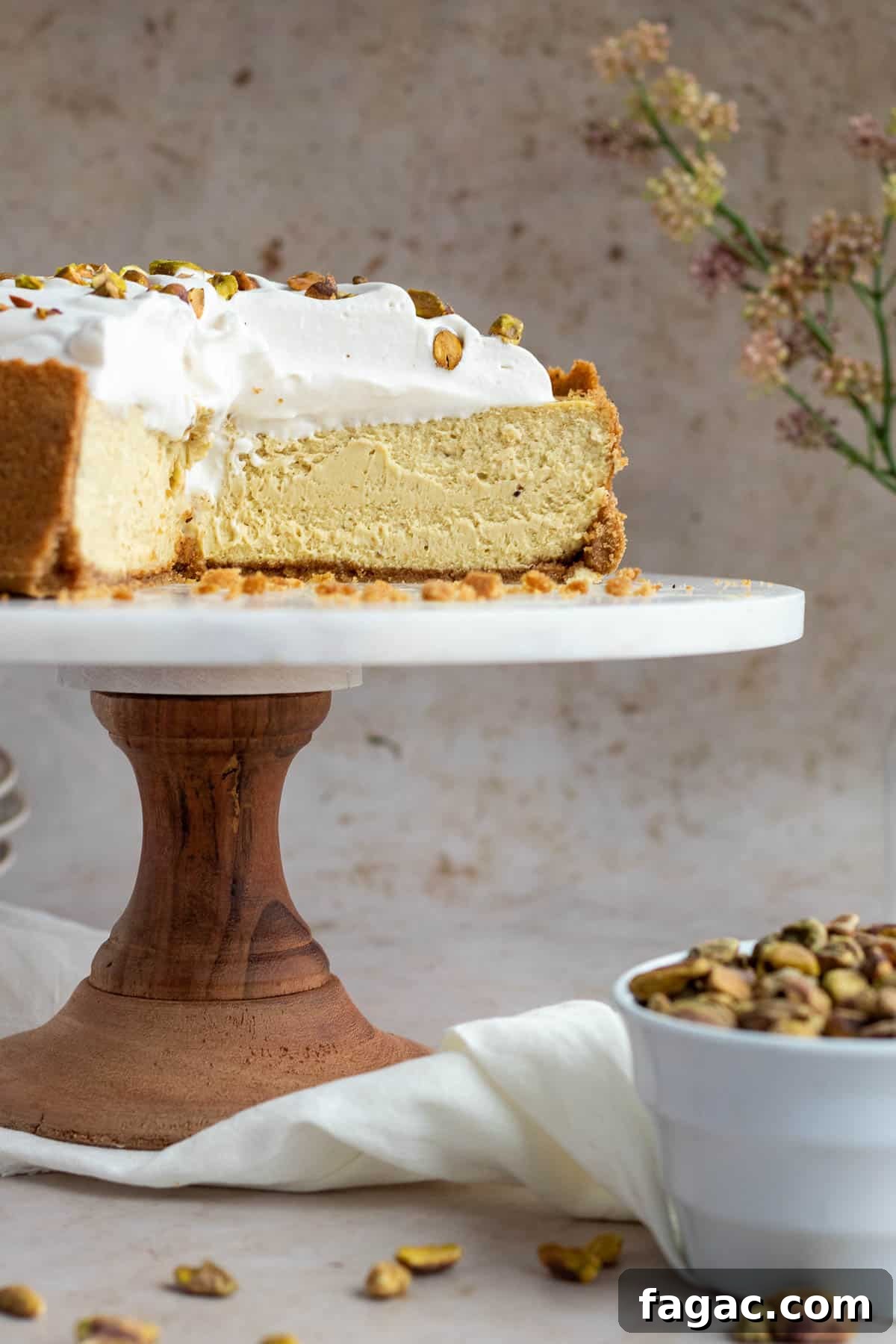 Brown Butter Graham Crust Pistachio Cheesecake Recipe 2 pistachio cheesecake on a wood and marble cake stand with a bowl of pistachios next to it