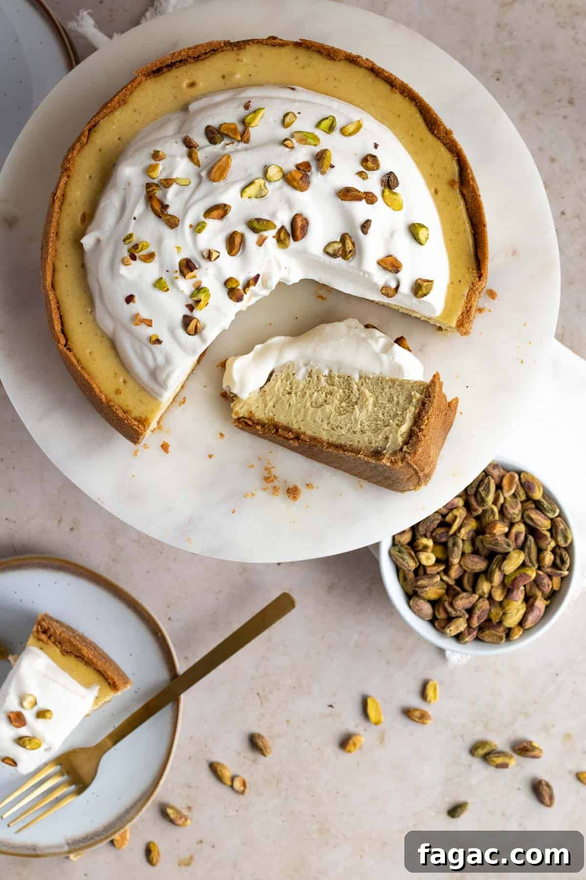 Brown Butter Graham Crust Pistachio Cheesecake Recipe 3 top view of a pistachio cheesecake on a marble cake stand with a slice on a plate and a bowl of pistachios nearby