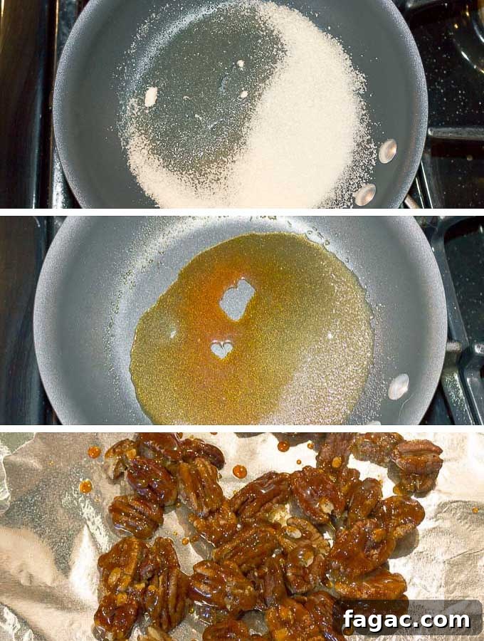 Blood Orange Salad with Tangy Orange Vinaigrette 5 progression of sugar melting for candied pecans