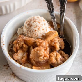 Ina Garten-Style Apple Pear Crisp Recipe 11 bowl of apple pear crisp with small scoop of ice cream.