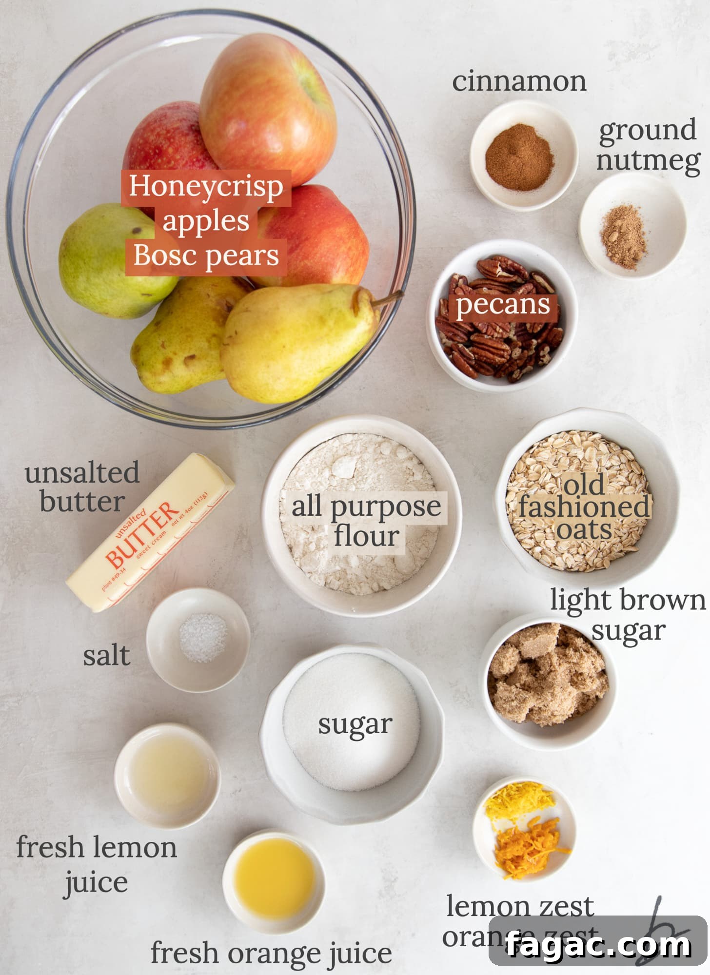 Ina Garten-Style Apple Pear Crisp Recipe 3 ingredients for apple pear crisp in bowls labeled with text.