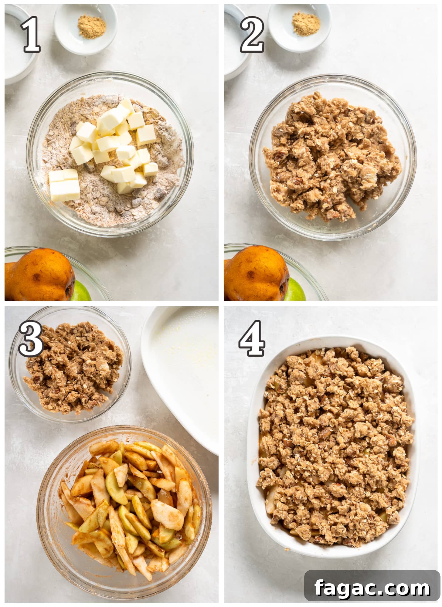 Ina Garten-Style Apple Pear Crisp Recipe 4 photo collage demonstrating how to make apple pear crisp.