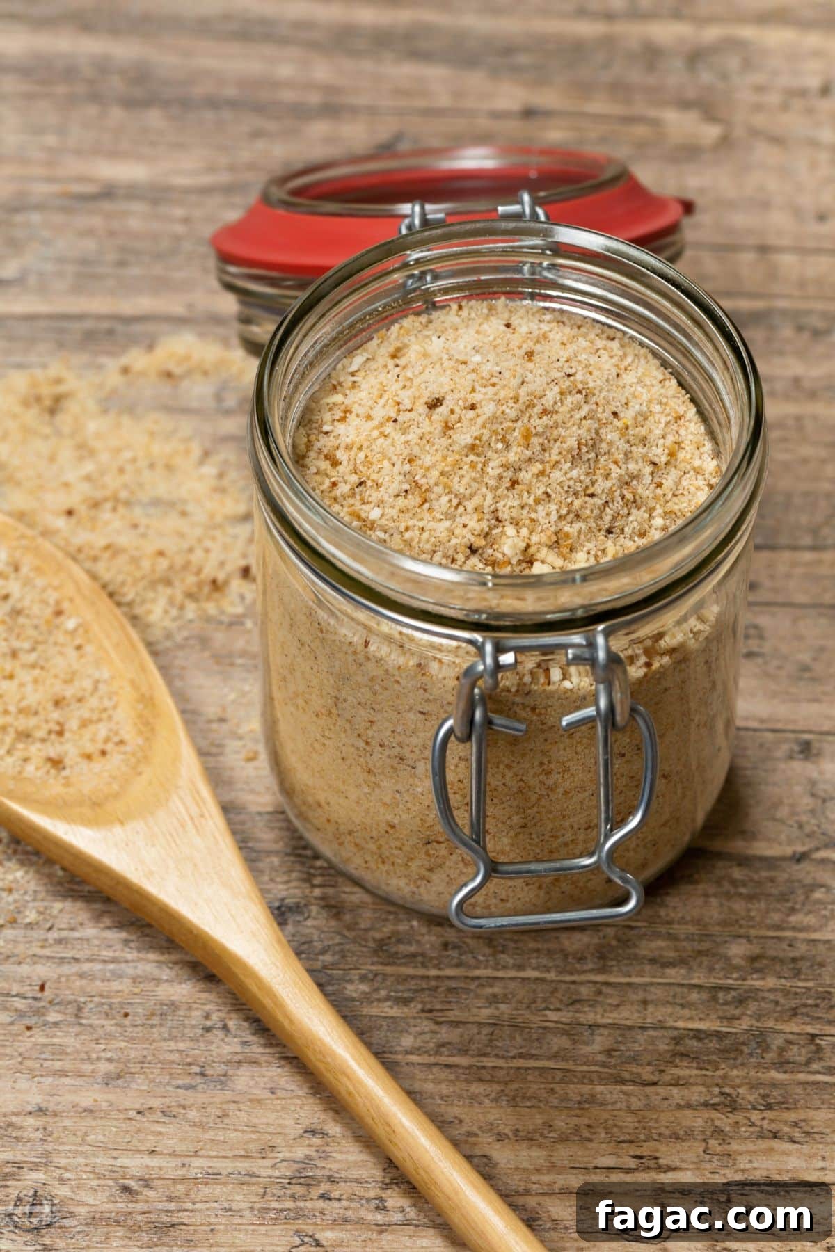 A jar with homemade bread crumbs.