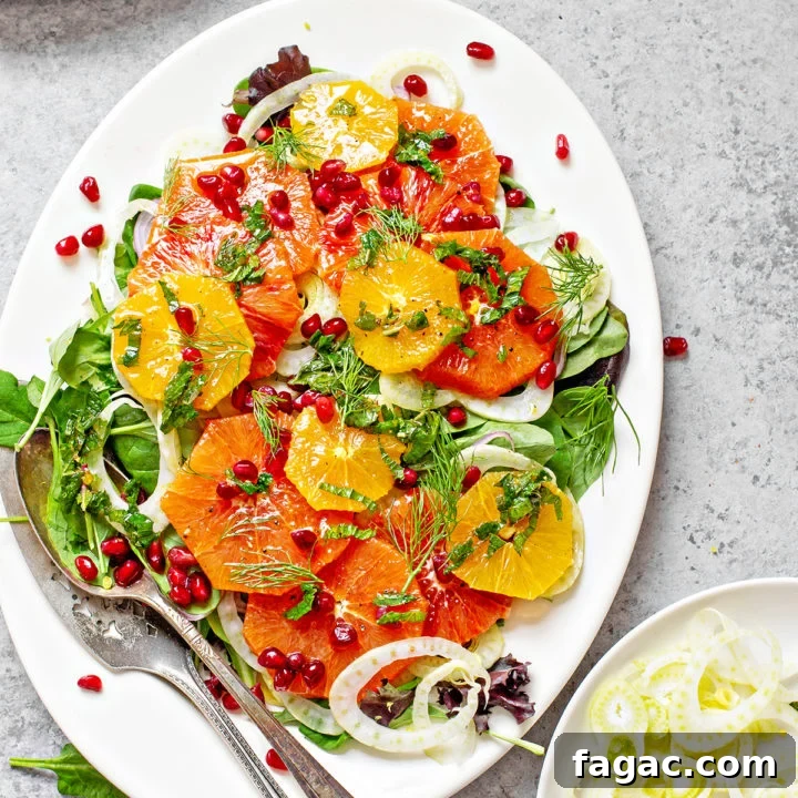 fennel salad on a white platter with oranges and pomegranate