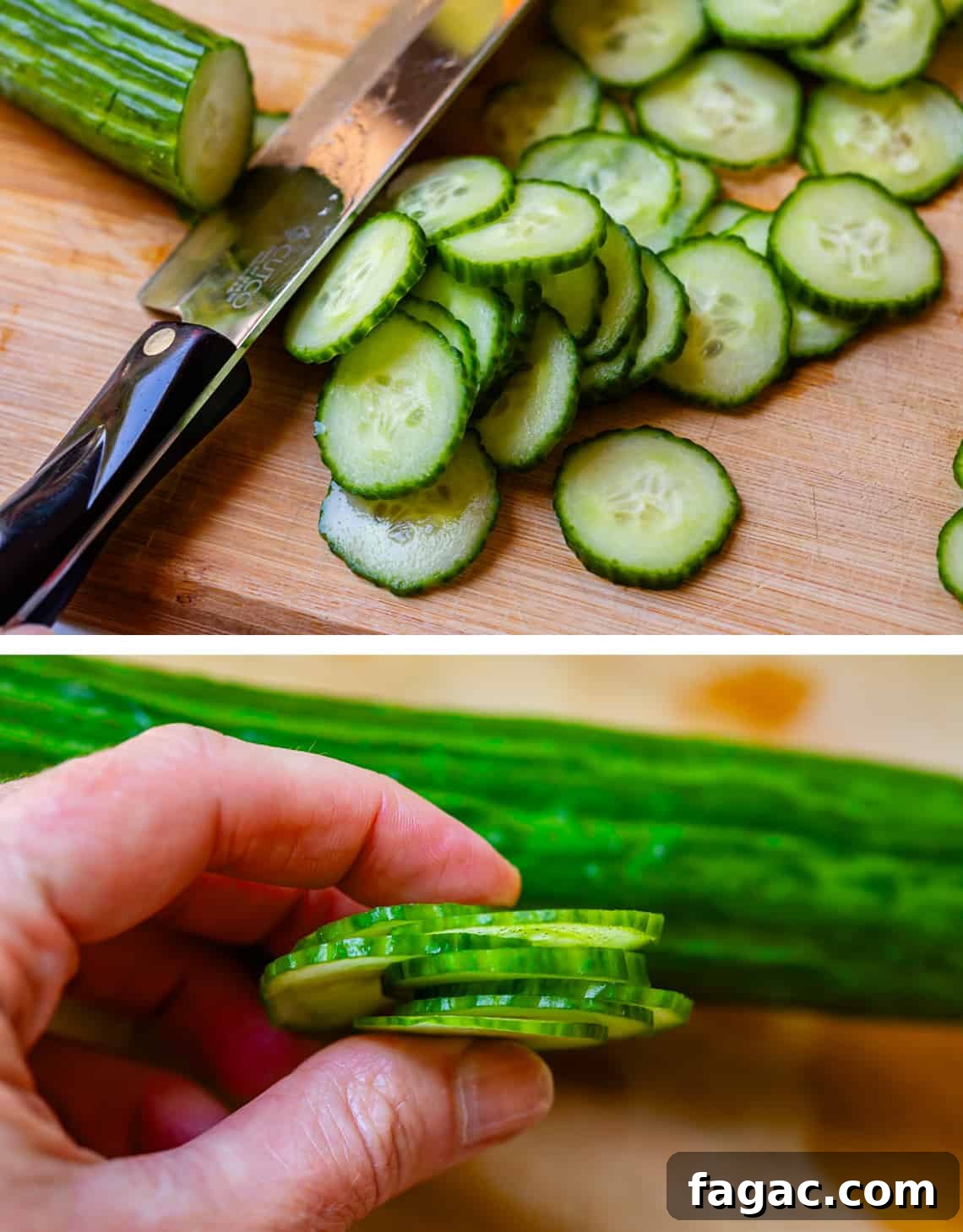Aunt Joy’s Creamy Cucumber Salad Recipe for Summer Sides 9 Slicing English cucumber with a chef's knife and demonstrating the thinness of the slices.