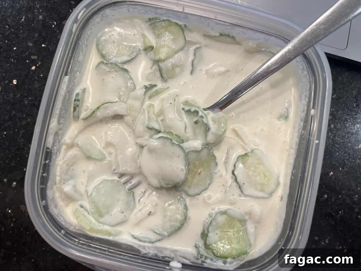 Aunt Joy’s Creamy Cucumber Salad Recipe for Summer Sides 13 overhead shot of tupperware full of creamy cucumber salad with fork sticking out, on a black counter.