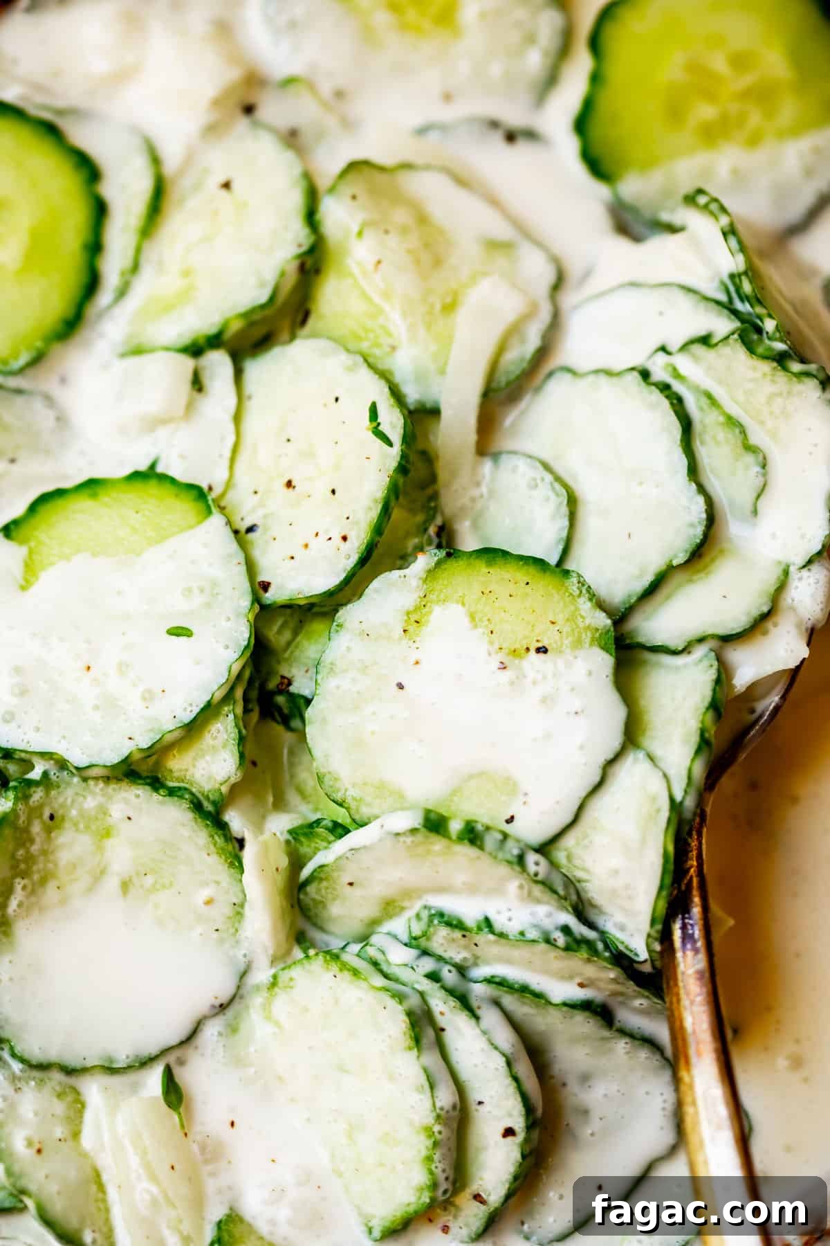 Aunt Joy’s Creamy Cucumber Salad Recipe for Summer Sides 4 creamy cucumber and onion salad topped with thyme and pepper.
