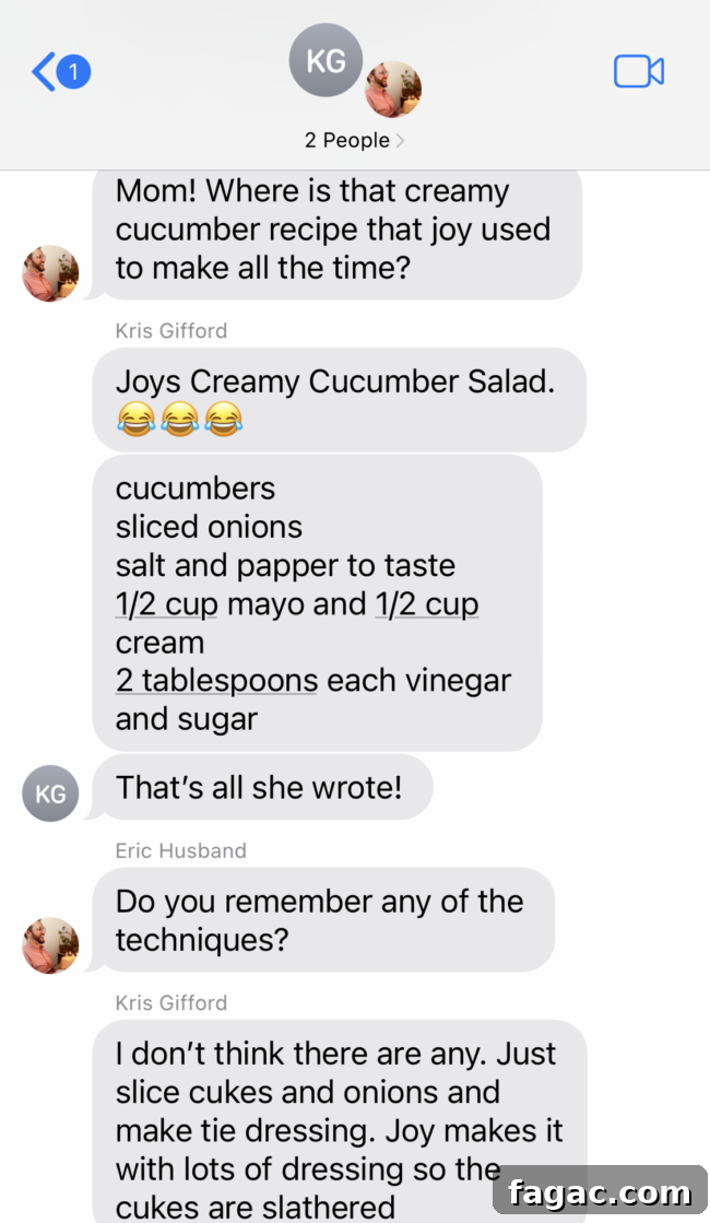 Aunt Joy’s Creamy Cucumber Salad Recipe for Summer Sides 6 screenshot of text message discussing cucumber salad recipe.