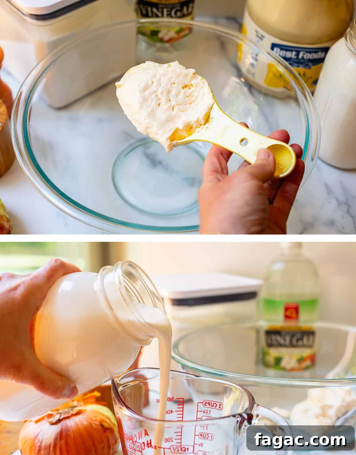 Aunt Joy’s Creamy Cucumber Salad Recipe for Summer Sides 8 Measuring out mayonnaise and cream for creamy sauce.