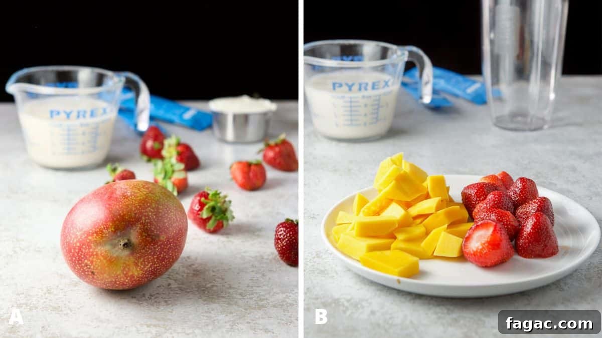 Left - Mango, strawberries, yogurt, collagen, and milk. Right - Cut up mangos and hulled strawberries on a white plate