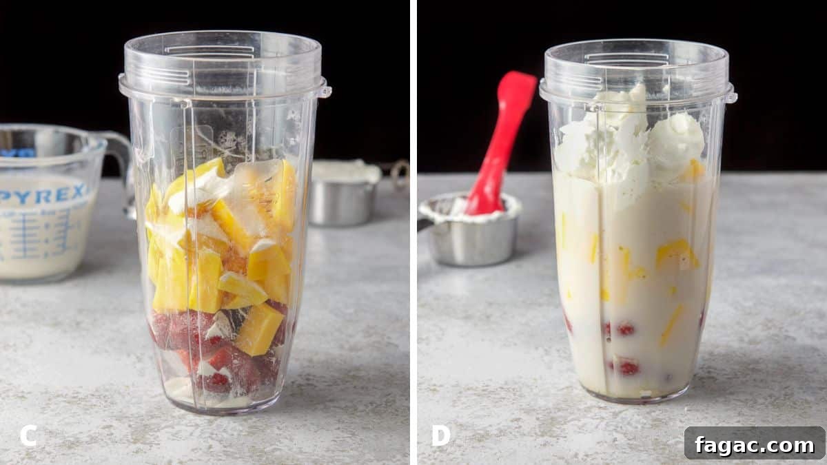 Left - The blender container with the strawberries, and mango, and collagen in it. Right - Milk and yogurt added to the blender container