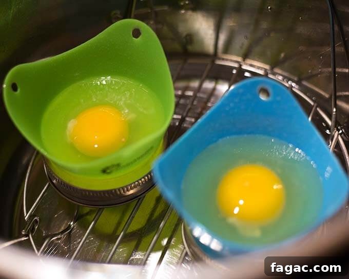 Two molds with egg without shell on trivet in pressure cooker pot