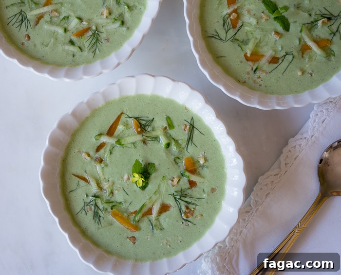 Summer cucumbers blended with kale, kefir, yogurt and walnuts topped with grated cucumbers and fresh apricots